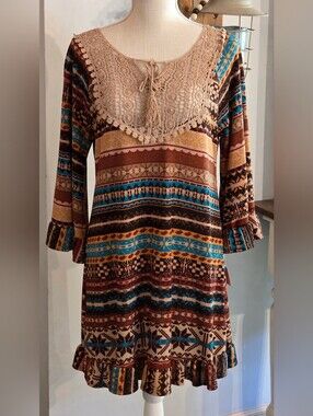 Boho Crochet Yoke Multi-Color Printed Tunic Dress